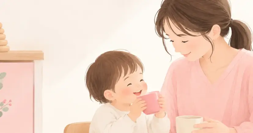 コップを手に、親子で穏やかに向き合う様子