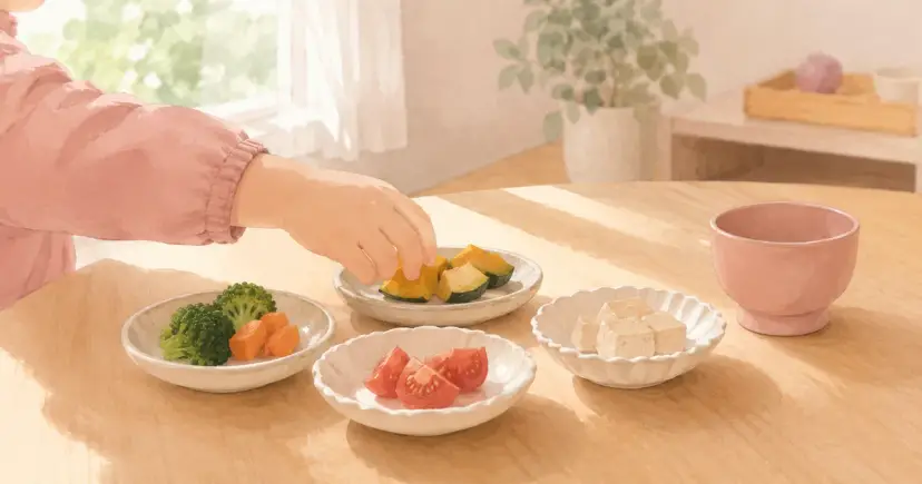 食卓で自分のスプーンを持ち、料理を選ぶ子ども