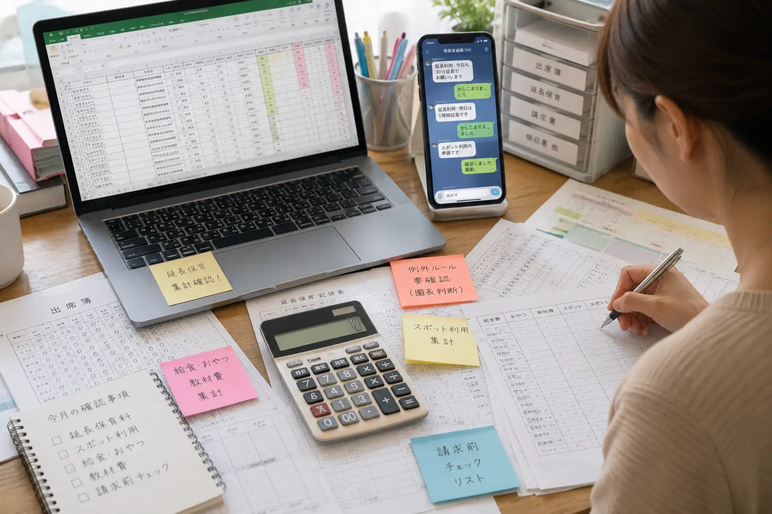 紙の出席簿や電卓、付箋、スマホ、Excel を見ながら月末集計を手作業で進めている様子